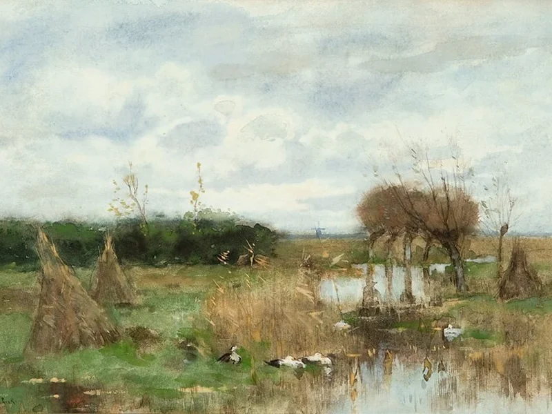 1853-George Jan Hendrik (Geo) Poggenbeek - Paesaggio soleggiato con anatre